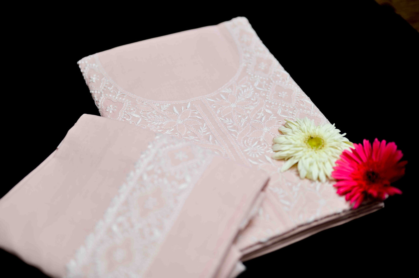'Vintage Rose' Pink Cotton Unstitched Chikankari Kurta Pant Set