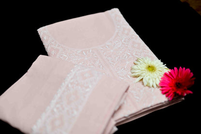 'Vintage Rose' Pink Cotton Unstitched Chikankari Kurta Pant Set