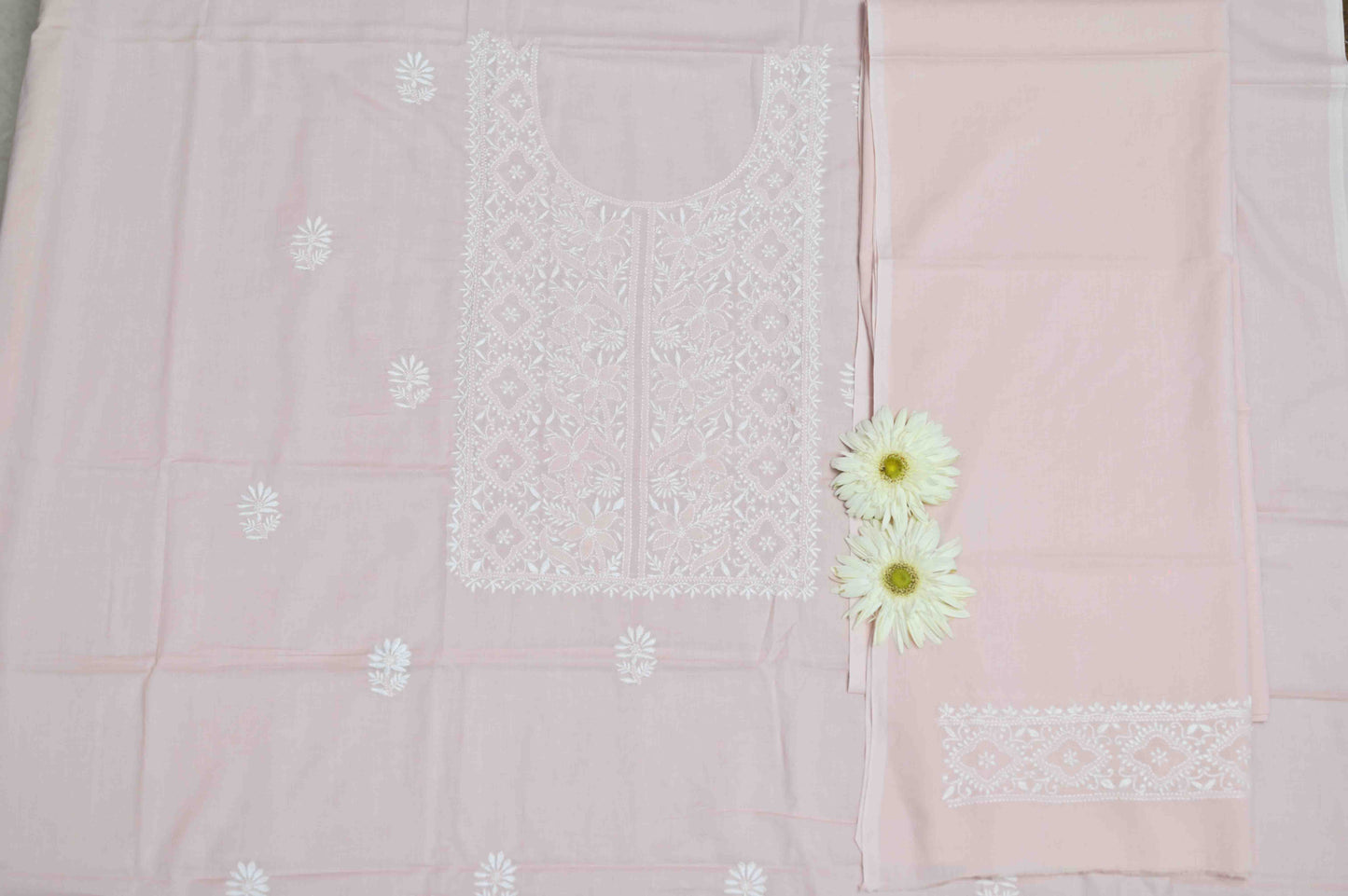 'Vintage Rose' Pink Cotton Unstitched Chikankari Kurta Pant Set