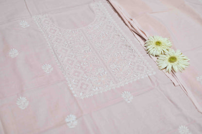 'Vintage Rose' Pink Cotton Unstitched Chikankari Kurta Pant Set