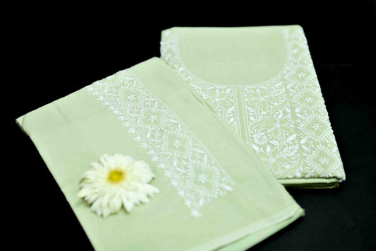 'Basil Breeze' Green Cotton Unstitched Chikankari Kurta Pant Set