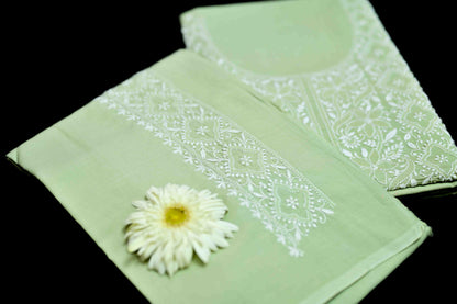 'Basil Breeze' Green Cotton Unstitched Chikankari Kurta Pant Set