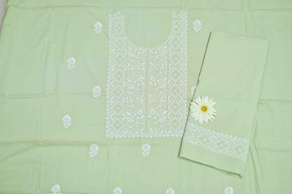 'Basil Breeze' Green Cotton Unstitched Chikankari Kurta Pant Set