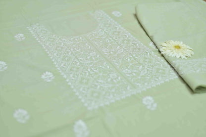 'Basil Breeze' Green Cotton Unstitched Chikankari Kurta Pant Set