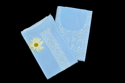 Powder Blue Cotton Unstitched Chikankari Kurta Pant Set