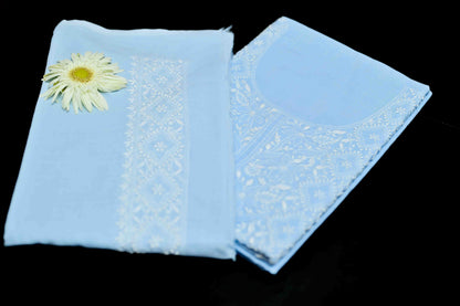 Powder Blue Cotton Unstitched Chikankari Kurta Pant Set