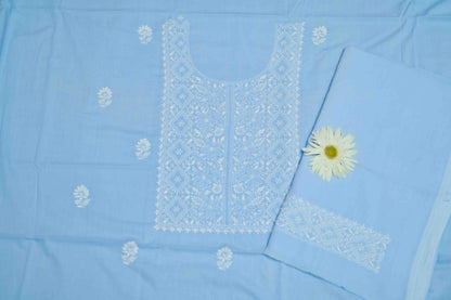 Powder Blue Cotton Unstitched Chikankari Kurta Pant Set