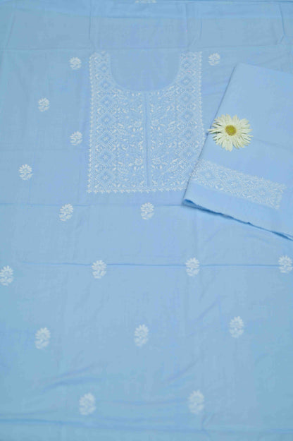 Powder Blue Cotton Unstitched Chikankari Kurta Pant Set