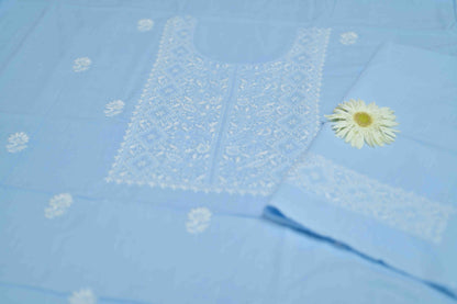 Powder Blue Cotton Unstitched Chikankari Kurta Pant Set