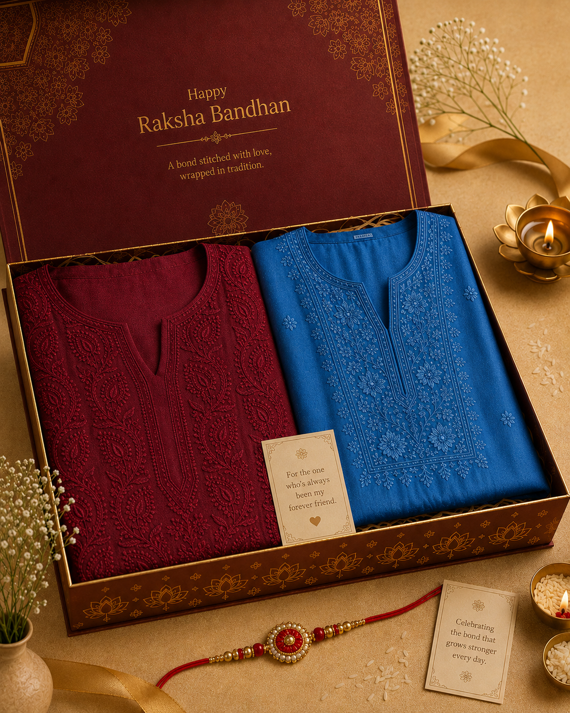 Umang - Set of 2 Chanderi Chikankari Kurta Material - Blue and Red