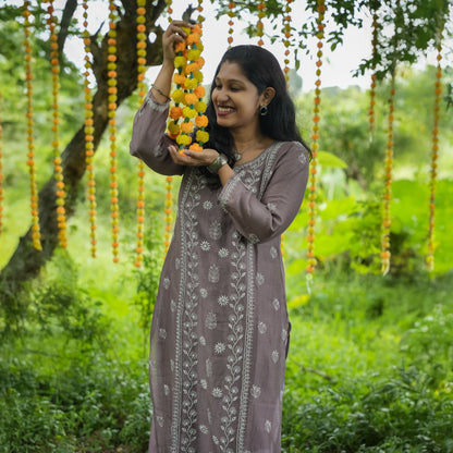 Bistre Brown Mul-Chanderi Chikankari Long Kurti