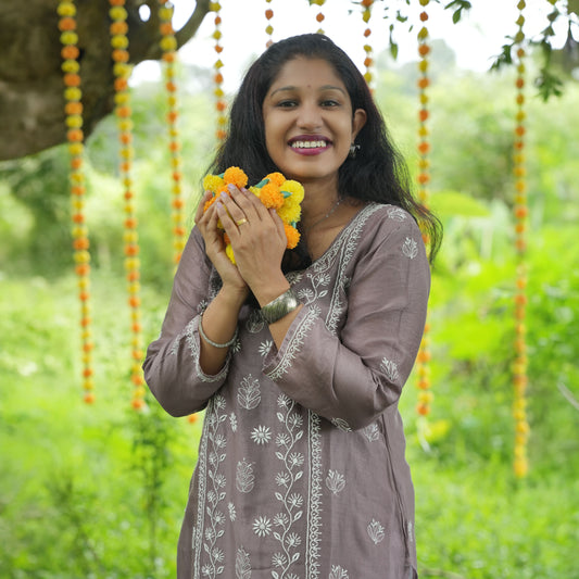 Bistre Brown Mul-Chanderi Chikankari Long Kurti