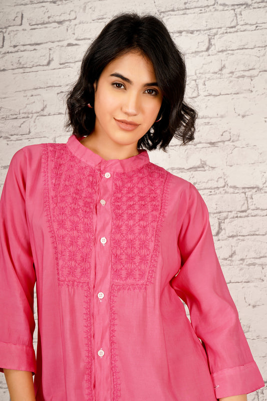 'Timeless Tulip' Cotton Pink Chikankari Shirt