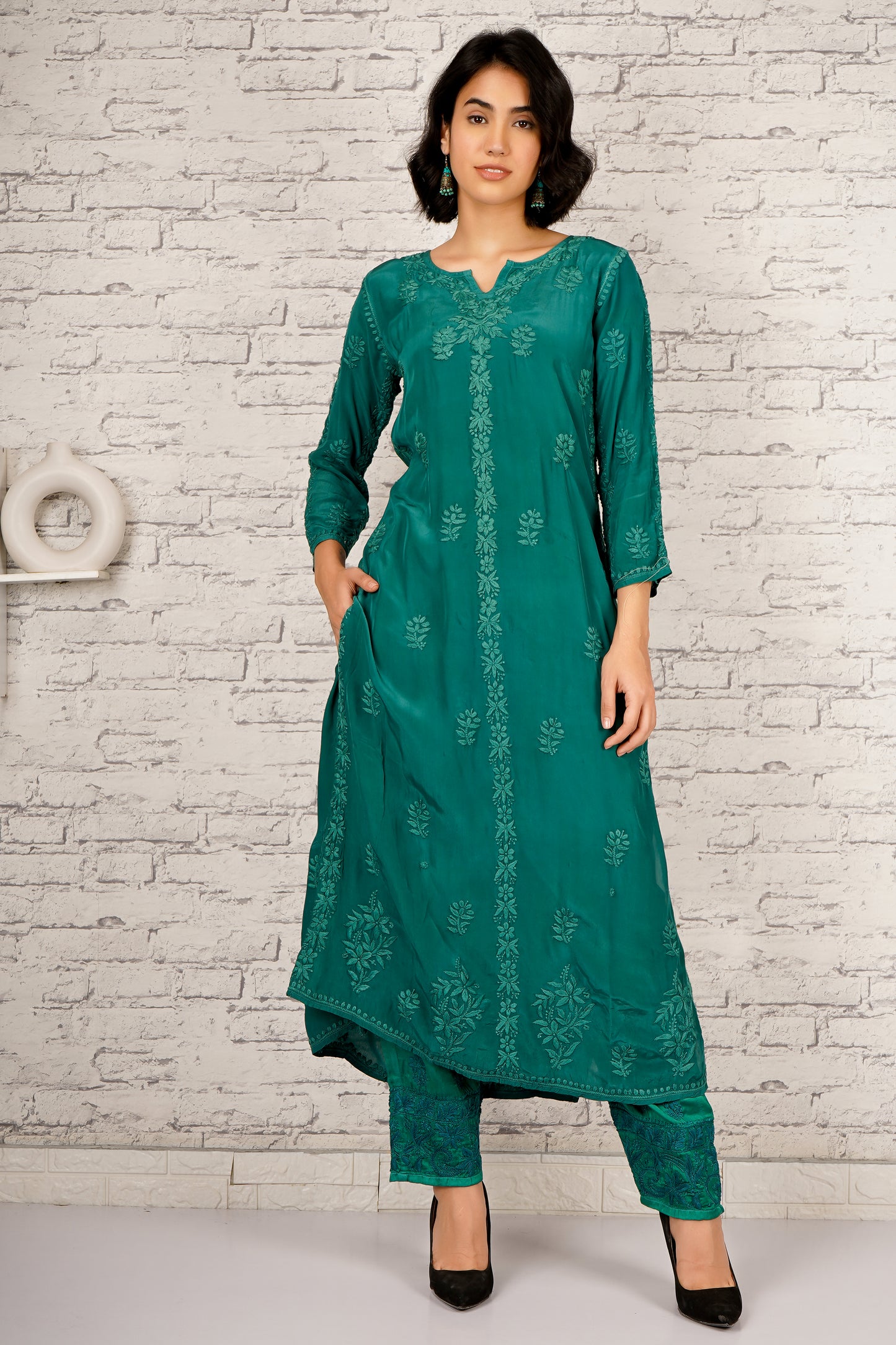 'Emerald Green' Pure Crepe Designer Chikankari Kurti Set