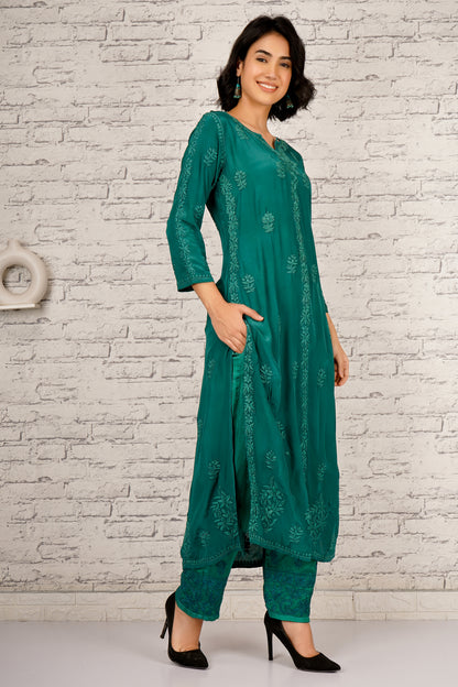 'Emerald Green' Pure Crepe Designer Chikankari Kurti Set