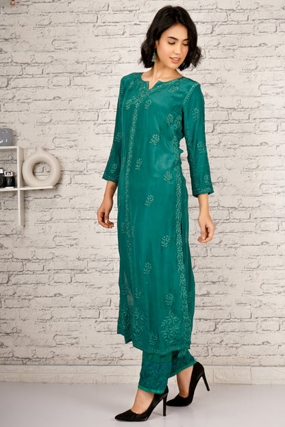 'Emerald Green' Pure Crepe Designer Chikankari Kurti Set