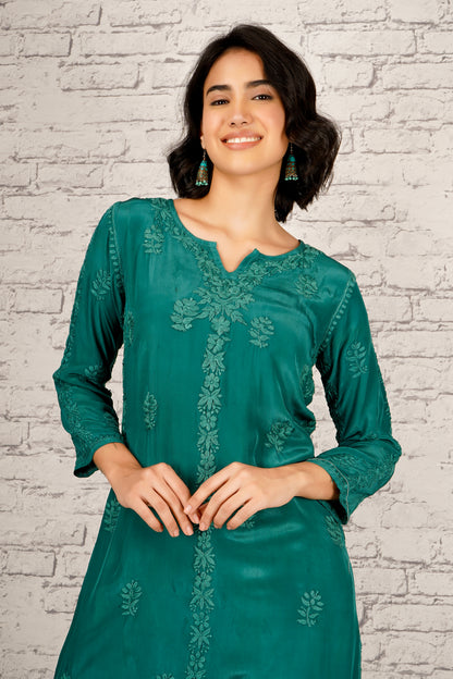 'Emerald Green' Pure Crepe Designer Chikankari Kurti Set