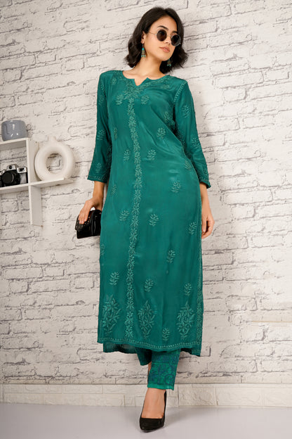 'Emerald Green' Pure Crepe Designer Chikankari Kurti Set