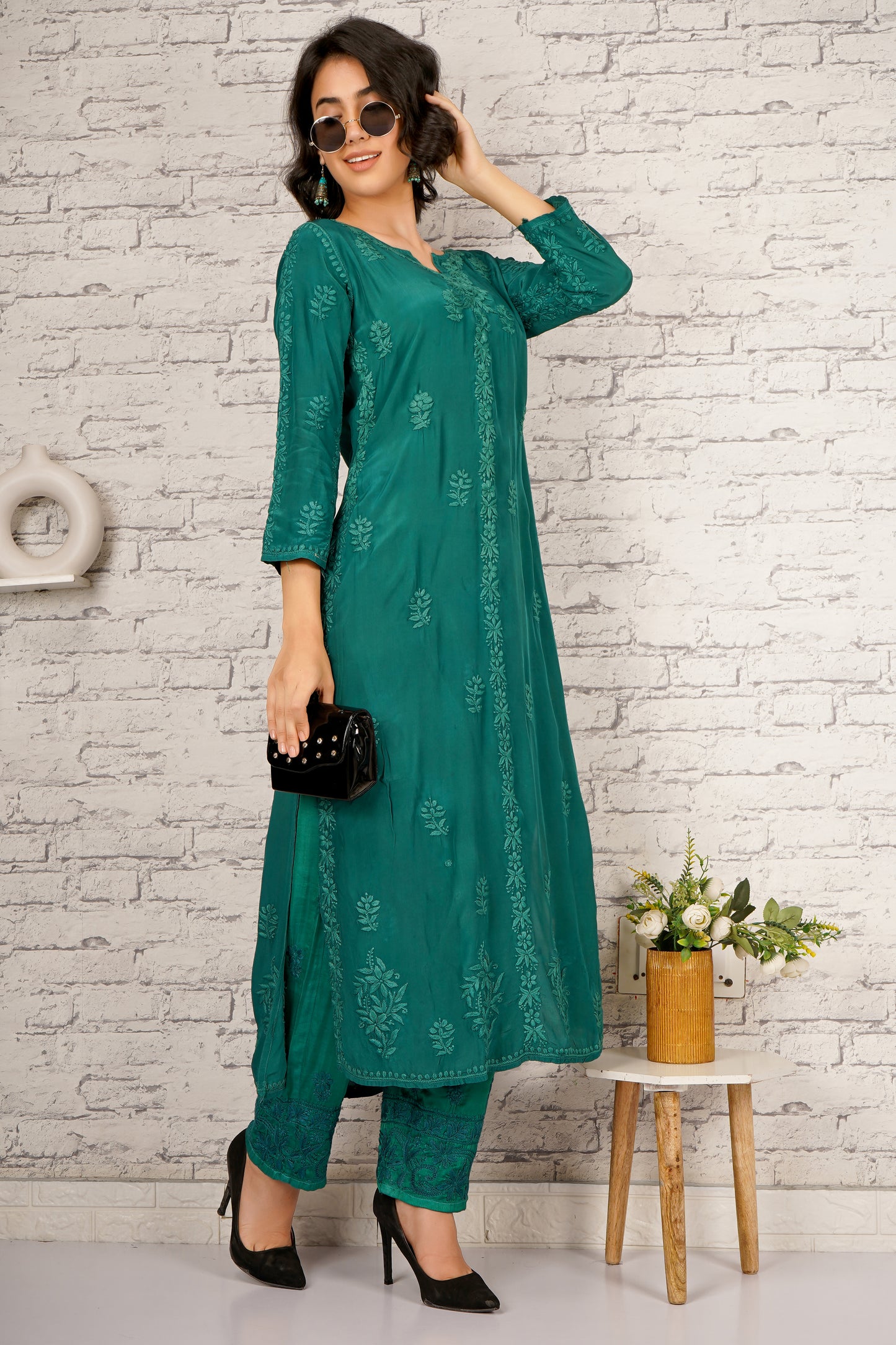 'Emerald Green' Pure Crepe Designer Chikankari Kurti Set