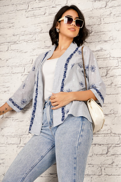 'My Rhythm, My Style' Blue Cotton Chikankari Shrug