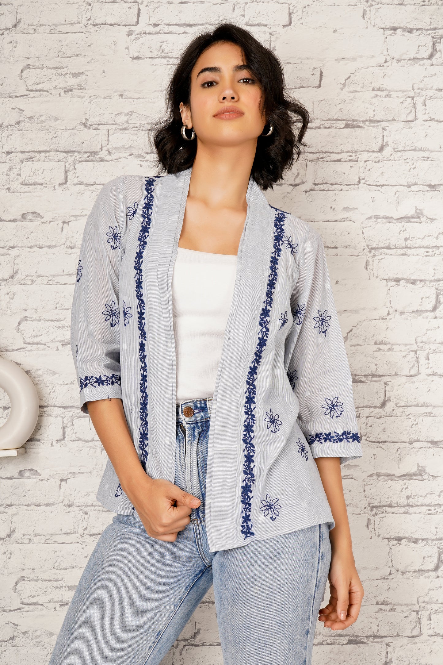 'My Rhythm, My Style' Blue Cotton Chikankari Shrug