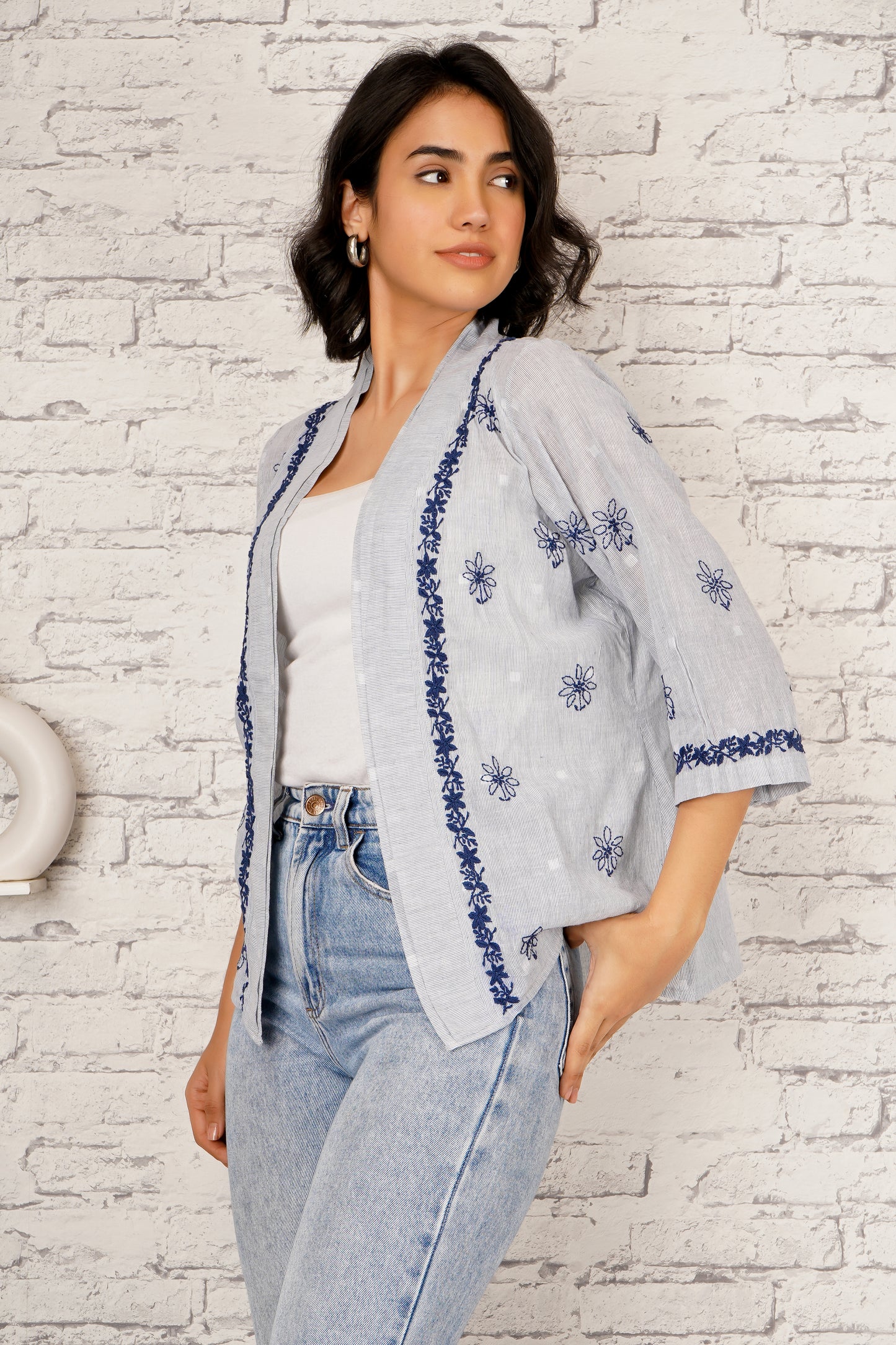 'My Rhythm, My Style' Blue Cotton Chikankari Shrug