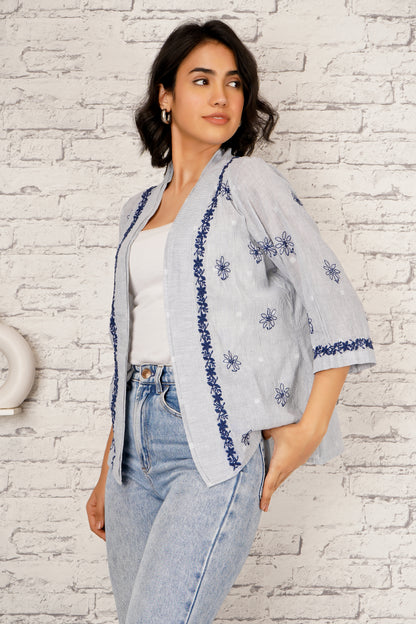 'My Rhythm, My Style' Blue Cotton Chikankari Shrug