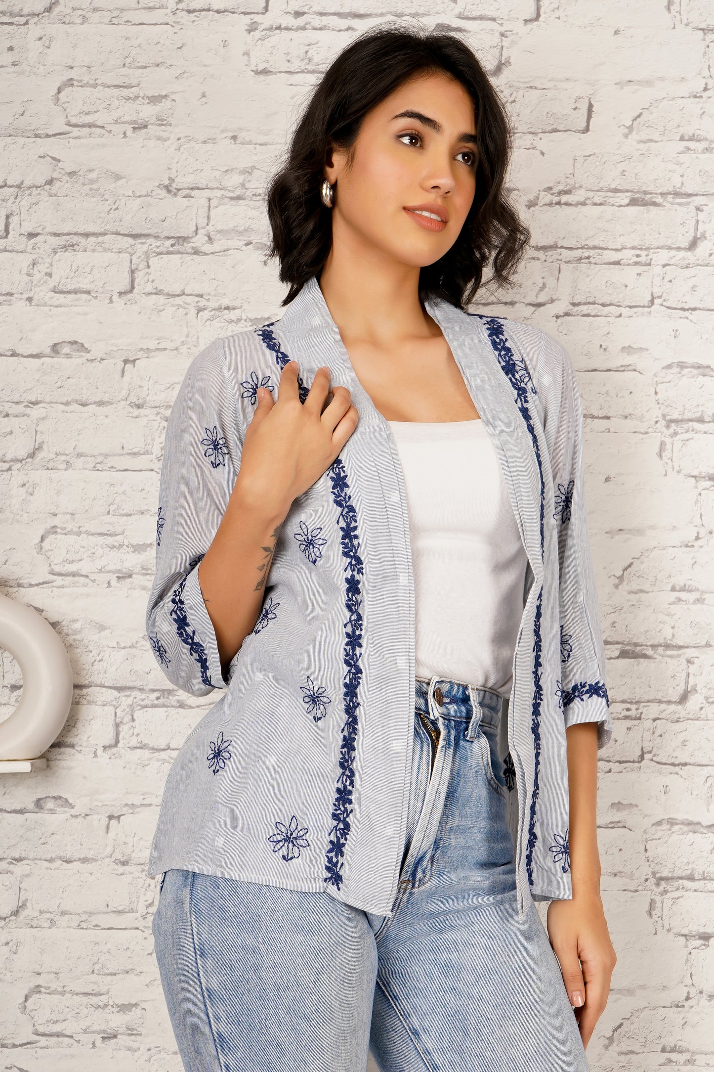 'My Rhythm, My Style' Blue Cotton Chikankari Shrug