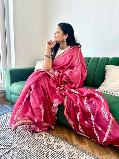 'Nazneen - Effortless Grace' Maroon Chanderi Chikankari Saree