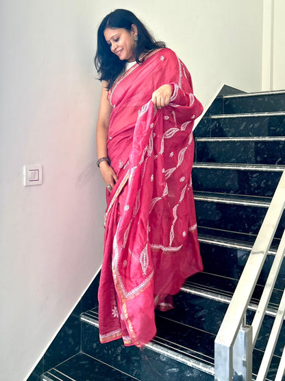 'Nazneen - Effortless Grace' Maroon Chanderi Chikankari Saree