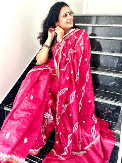 'Nazneen - Effortless Grace' Maroon Chanderi Chikankari Saree