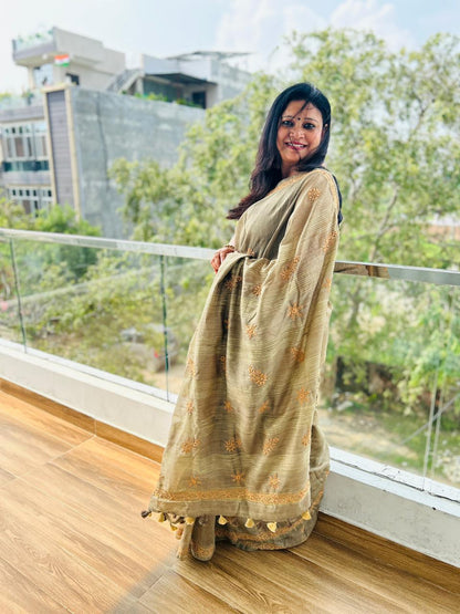 'Earthy Hues' Brown Jute Cotton Chikankari Saree