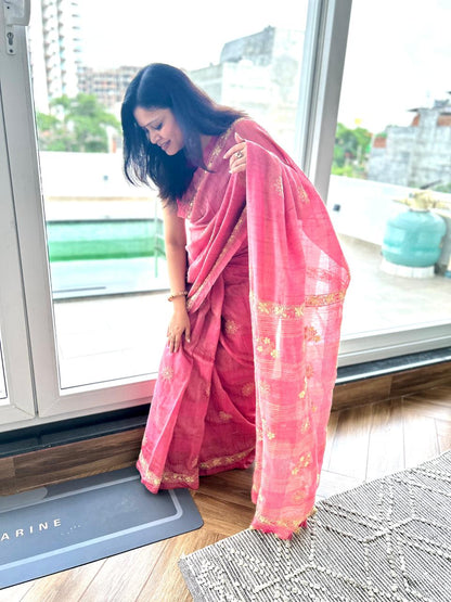 'Earth's Heart' Rustic Magenta Jute Cotton Chikankari Saree