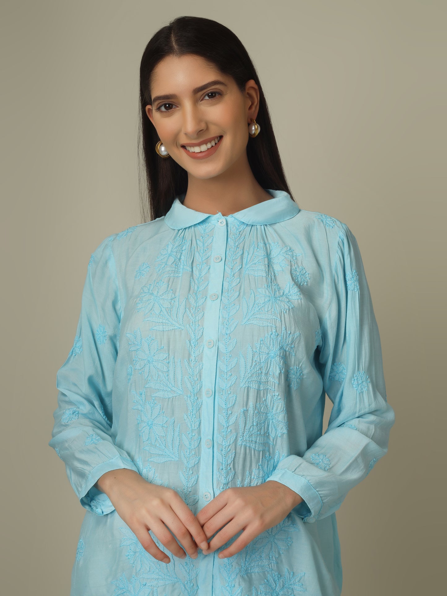 'Blue Pearl' Muslin Chikankari Shirt