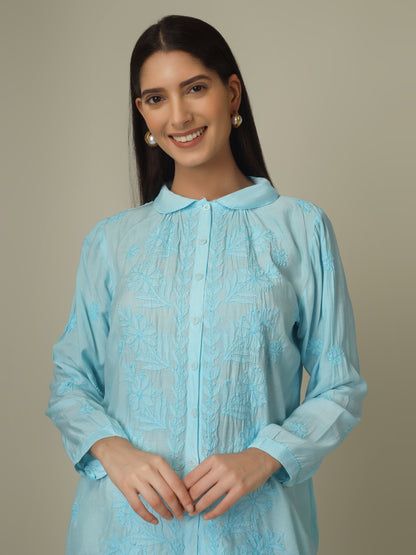 'Blue Pearl' Muslin Chikankari Shirt