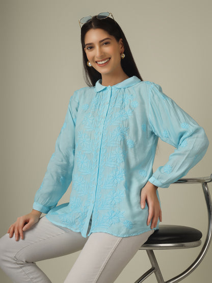'Blue Pearl' Muslin Chikankari Shirt