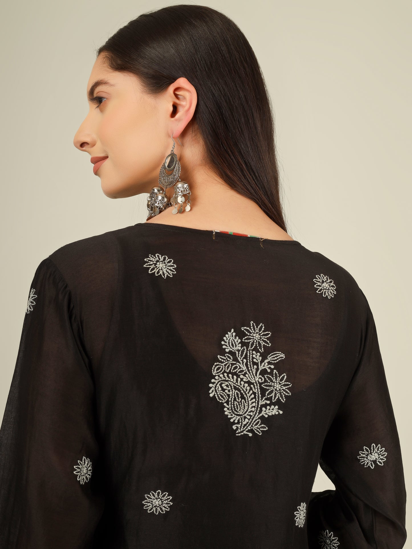 'Starry Night' Mul-chanderi Black Chikankari Long Kurti
