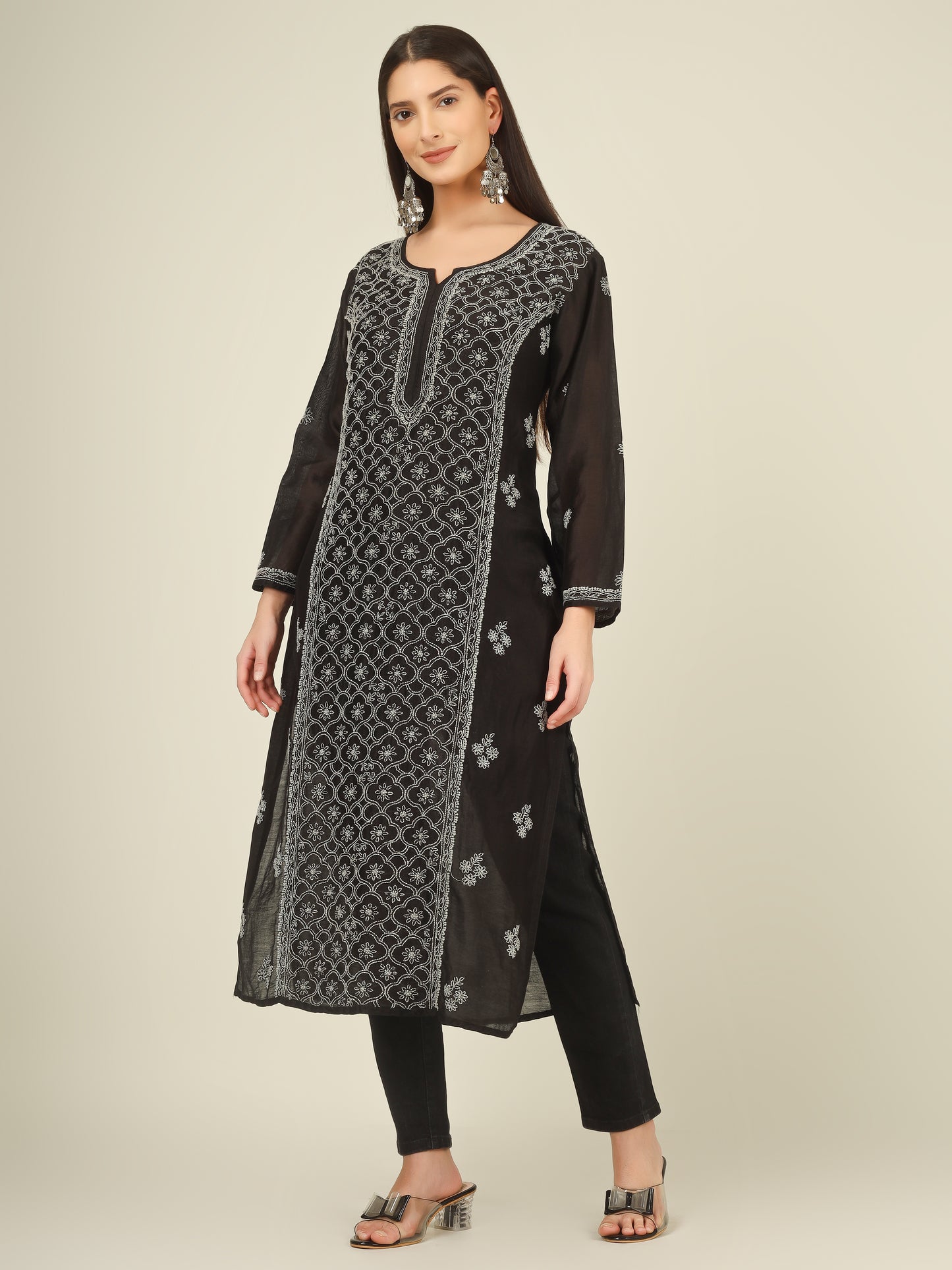 'Starry Night' Mul-chanderi Black Chikankari Long Kurti