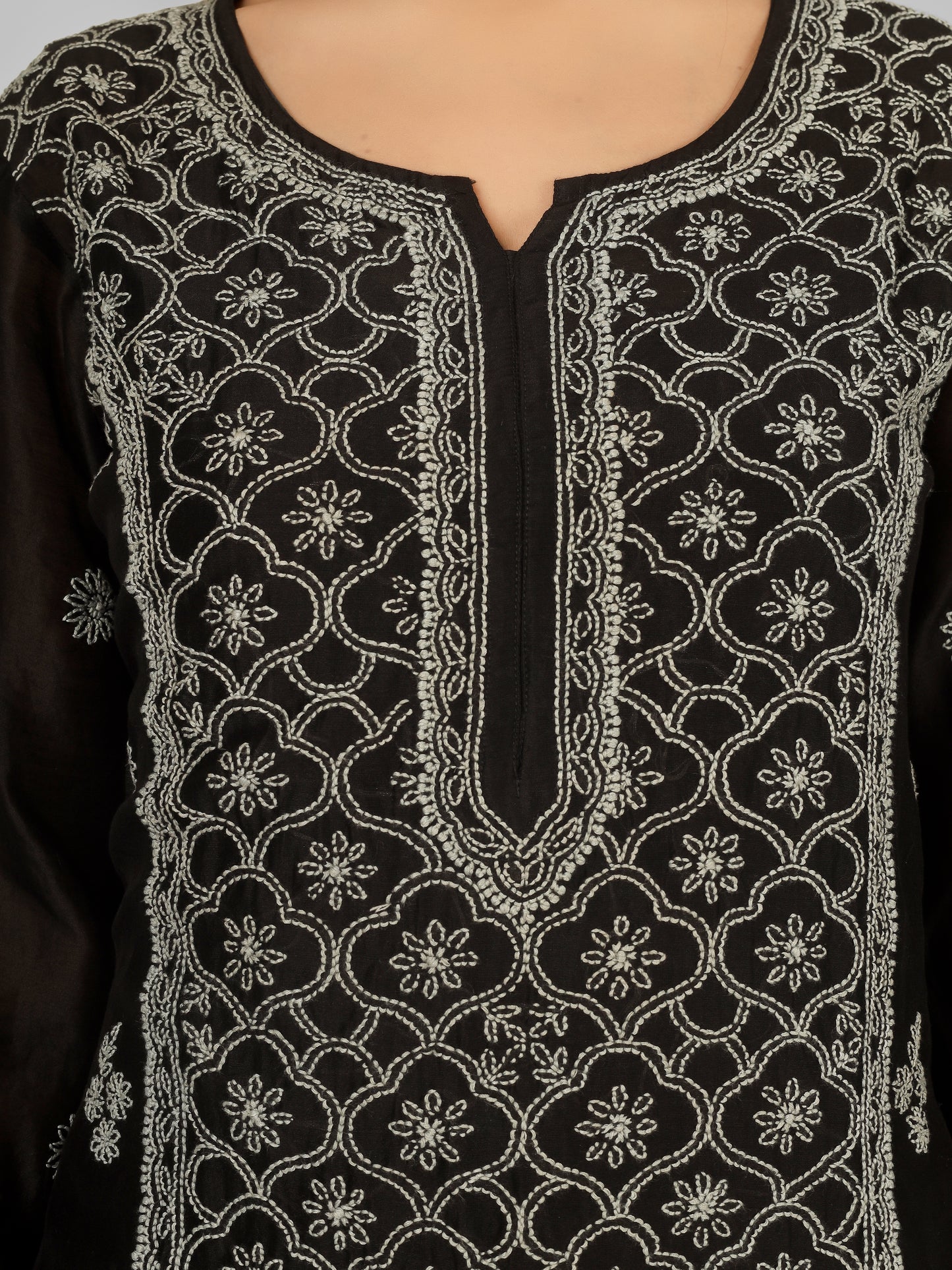 'Starry Night' Mul-chanderi Black Chikankari Long Kurti
