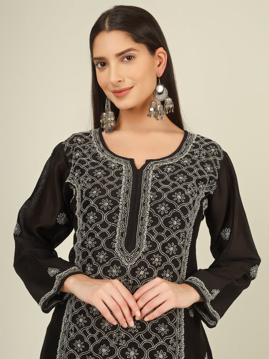 'Starry Night' Mul-chanderi Black Chikankari Long Kurti