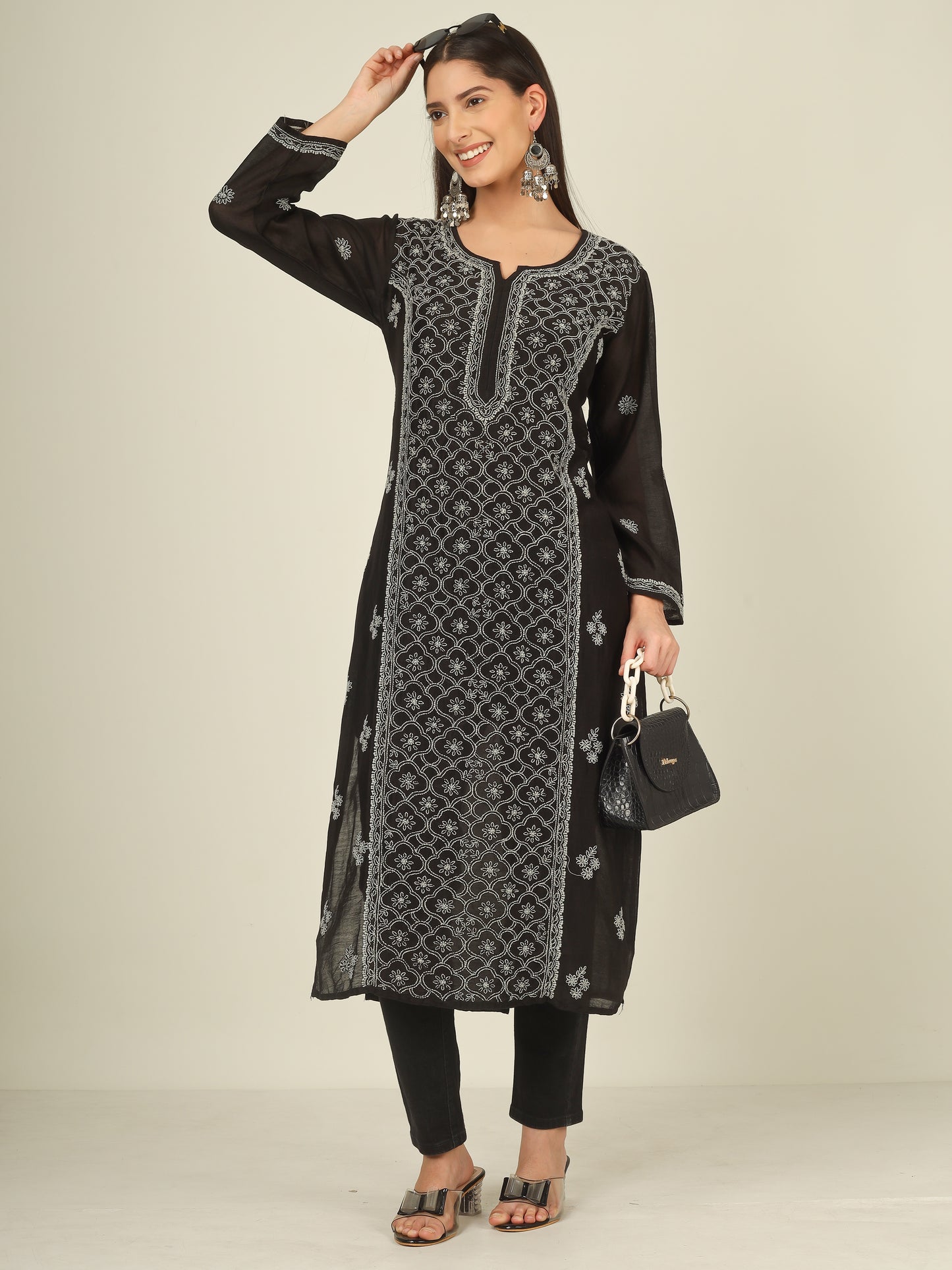 'Starry Night' Mul-chanderi Black Chikankari Long Kurti