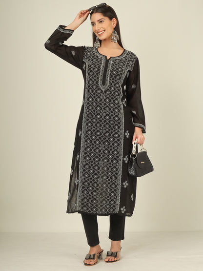 'Starry Night' Mul-chanderi Black Chikankari Long Kurti