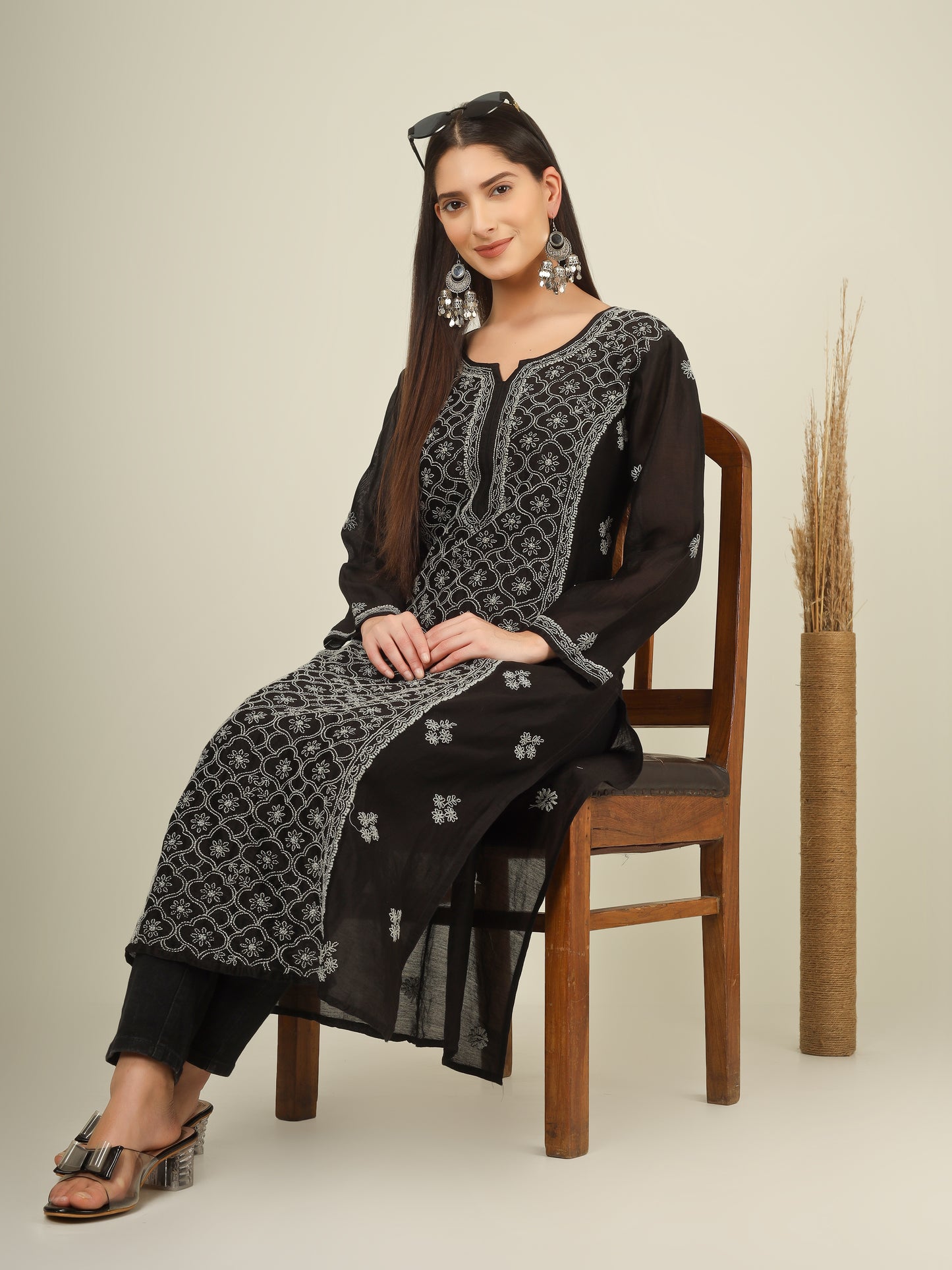 'Starry Night' Mul-chanderi Black Chikankari Long Kurti