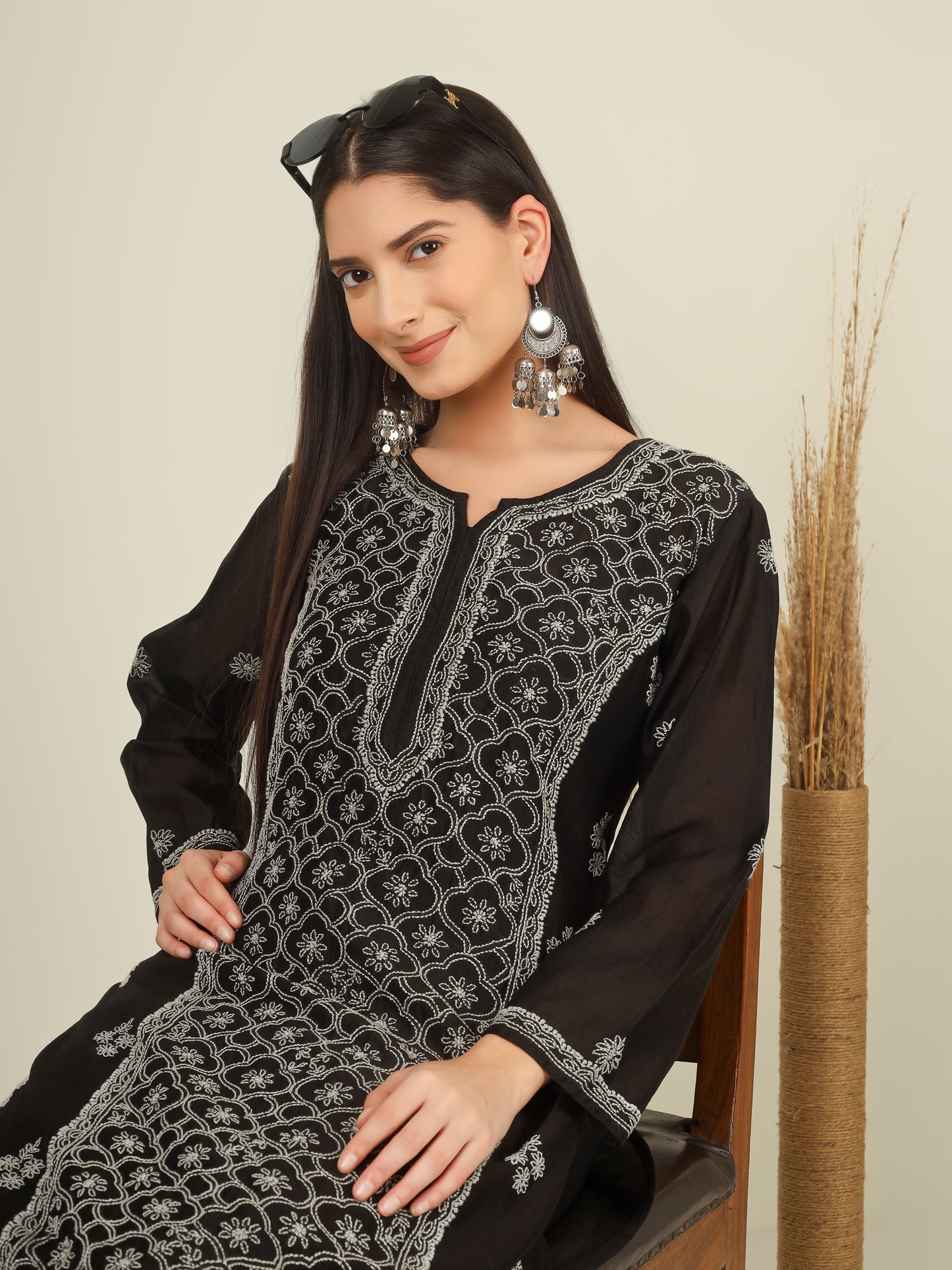 'Starry Night' Mul-chanderi Black Chikankari Long Kurti