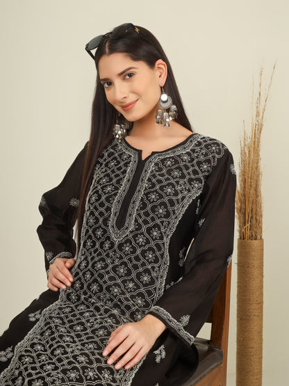'Starry Night' Mul-chanderi Black Chikankari Long Kurti