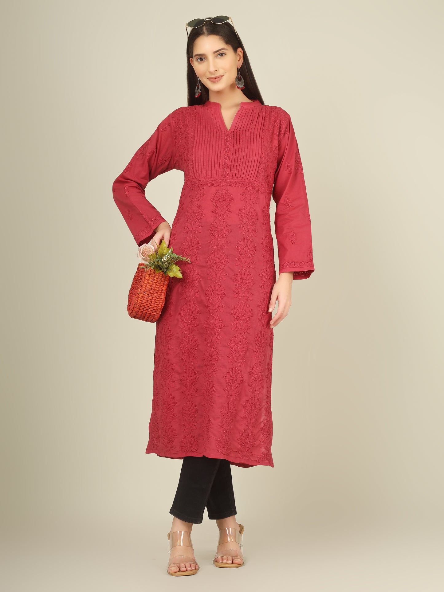'Vintage Ruby' Pleated Band Neck Maroon Mul Cotton Chikankari Long Kurti