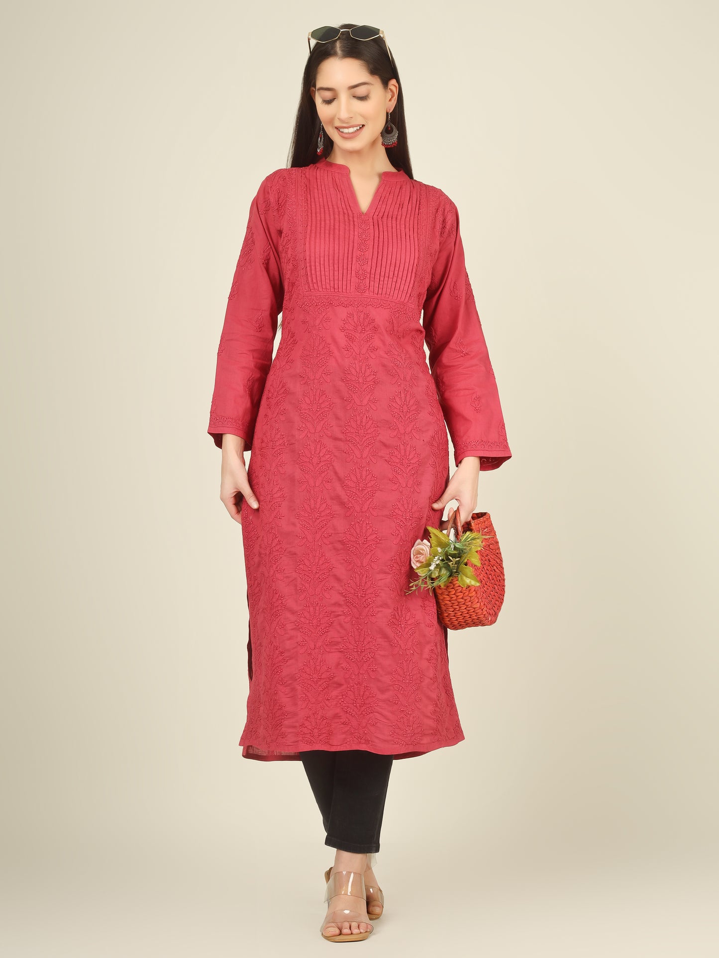 'Vintage Ruby' Pleated Band Neck Maroon Mul Cotton Chikankari Long Kurti