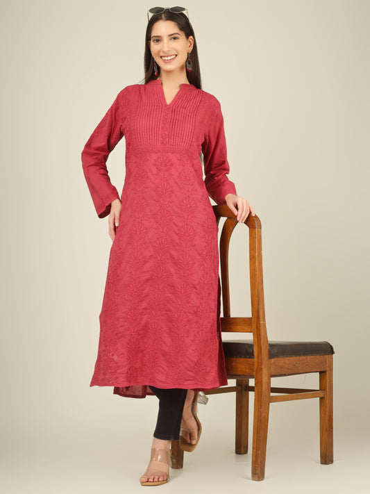 'Vintage Ruby' Pleated Band Neck Maroon Mul Cotton Chikankari Long Kurti