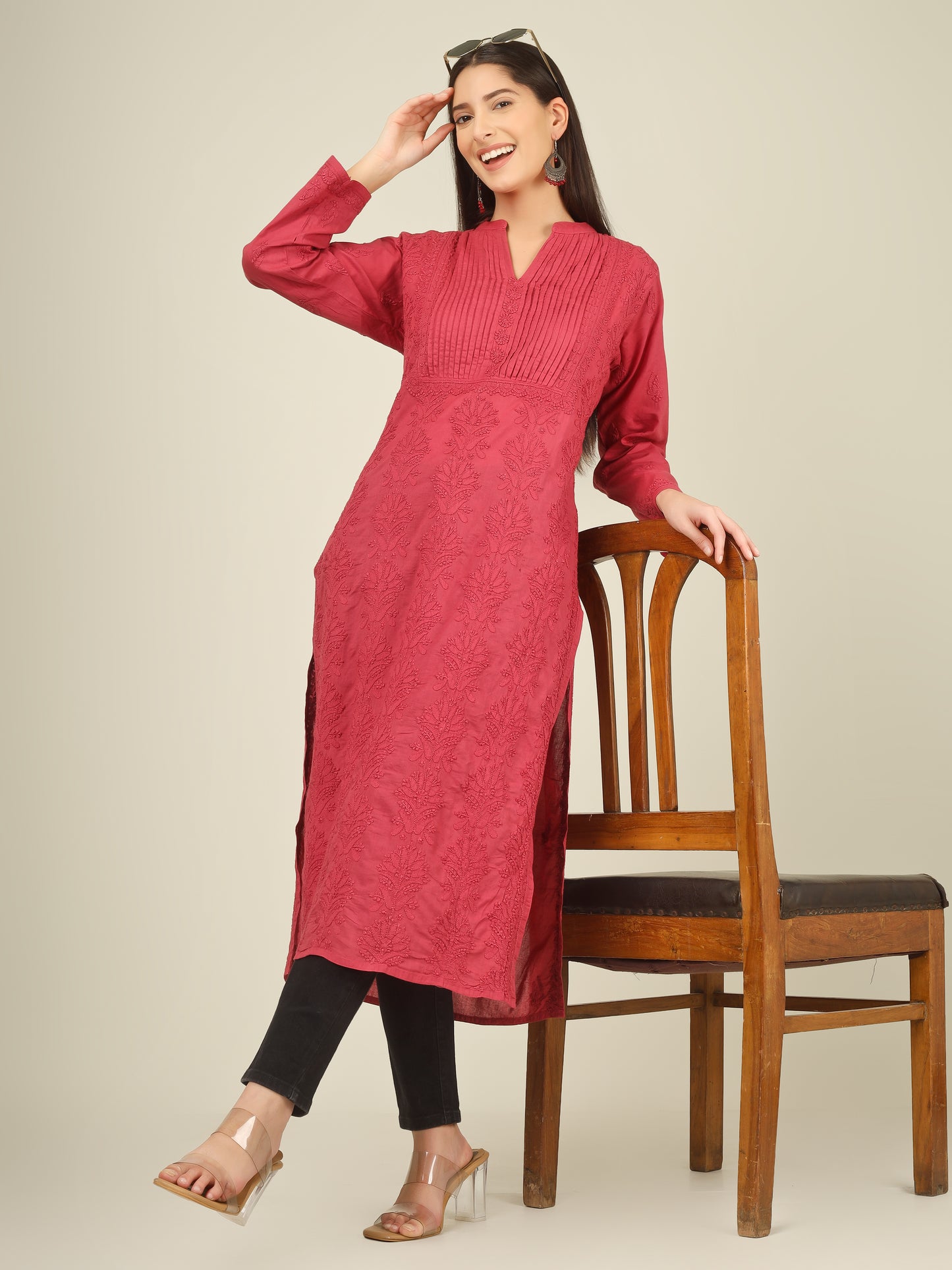'Vintage Ruby' Pleated Band Neck Maroon Mul Cotton Chikankari Long Kurti