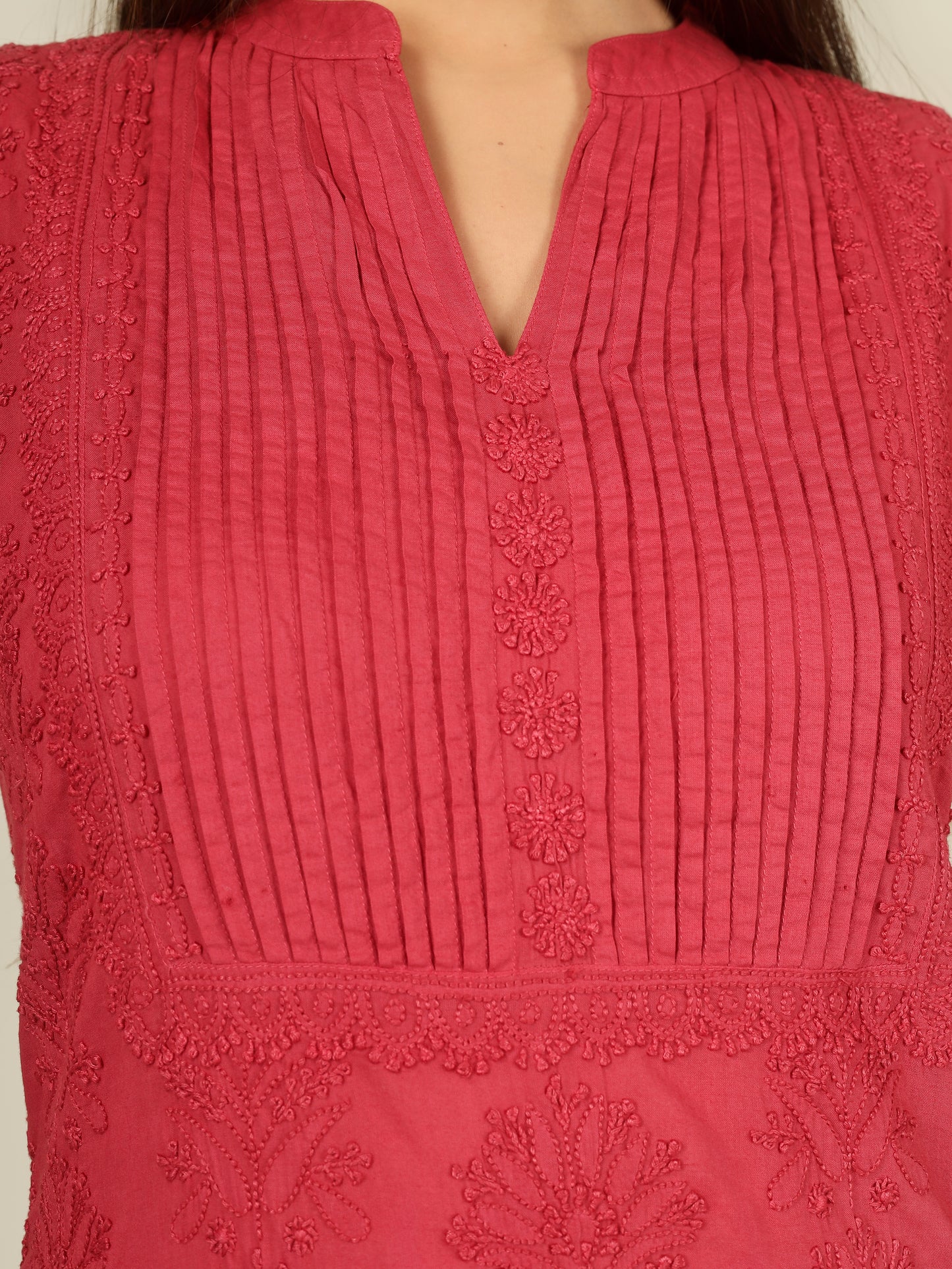 'Vintage Ruby' Pleated Band Neck Maroon Mul Cotton Chikankari Long Kurti